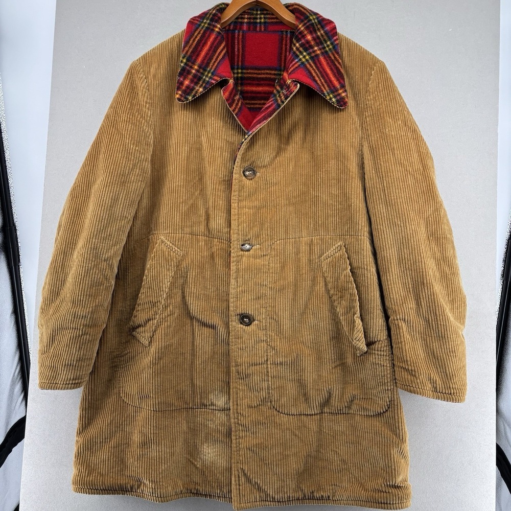 Vintage Reversible Corduroy Plaid Barn Coat Men's XL Tartan Wool‎ Hunting READ